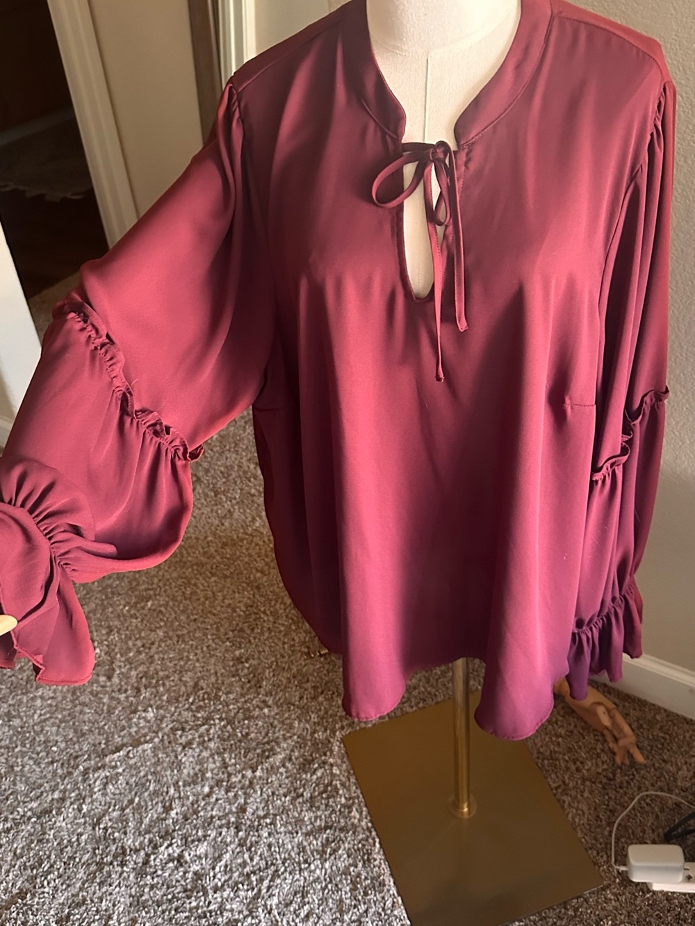 torrid Burgundy Ruffle-Sleeve Tie-Neck Tunic